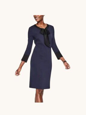 Boden Ponte Jersey Dress, Navy with Black Tie-Neck and Cuffs, Size 8